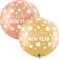 30" Rose Gold & Gold Happy New Year Dots Latex Balloons 2PK