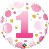 18" Age 1 Pink Dots Birthday Foil Balloons