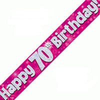 Happy 70th Birthday Pink Holographic Banner