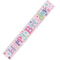 Happy Birthday Pink Flowers Wall Banner