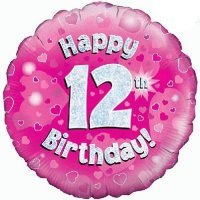 18" Happy 12th Birthday Pink Holographic Balloons