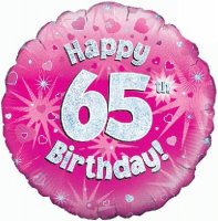 18" Happy 65th Birthday Pink Holographic Balloons