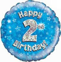 18" Happy 2nd Birthday Blue Holographic Balloons