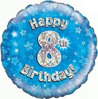 18" Happy 8th Birthday Blue Holographic Balloons