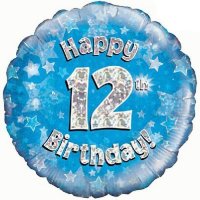 18" Happy 12th Birthday Blue Holographic Balloons