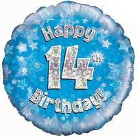 18" Happy 14th Birthday Blue Holographic Balloons