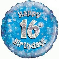18" Happy 16th Birthday Blue Holographic Balloons