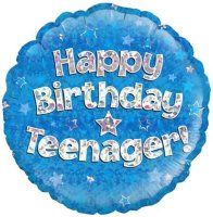 18" Happy Birthday Teenager Blue Holographic Balloons