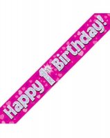 Happy 1st Birthday Pink Holographic Banner