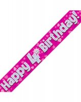 Happy 4th Birthday Pink Holographic Banner