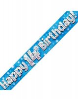 Happy 14th Birthday Blue Holographic Banner