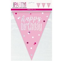 Pink & Silver Glitz Happy Birthday Flag Banner