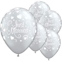 11" Just Married Silver Hearts Latex Balloons 6pk