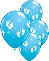 11" Baby Footprints And Hearts Blue Latex Balloons 6pk