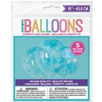 16" Clear Latex Balloons With Blue Heart Confetti 5pk