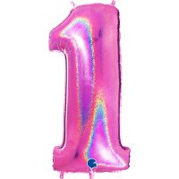 40" Grabo Pink Holographic Glitter Number 1 Shape Balloons