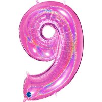 40" Grabo Pink Holographic Glitter Number 9 Shape Balloons