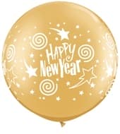 30" New Year Gold Swirling Stars Neck Down Latex Balloons 2pk